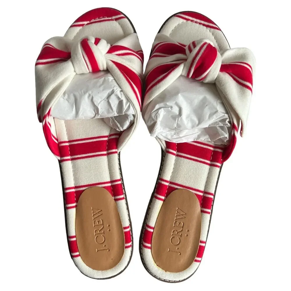 J.Crew Red Ivory Stripe Print Knot Slide Sandals, US7.5